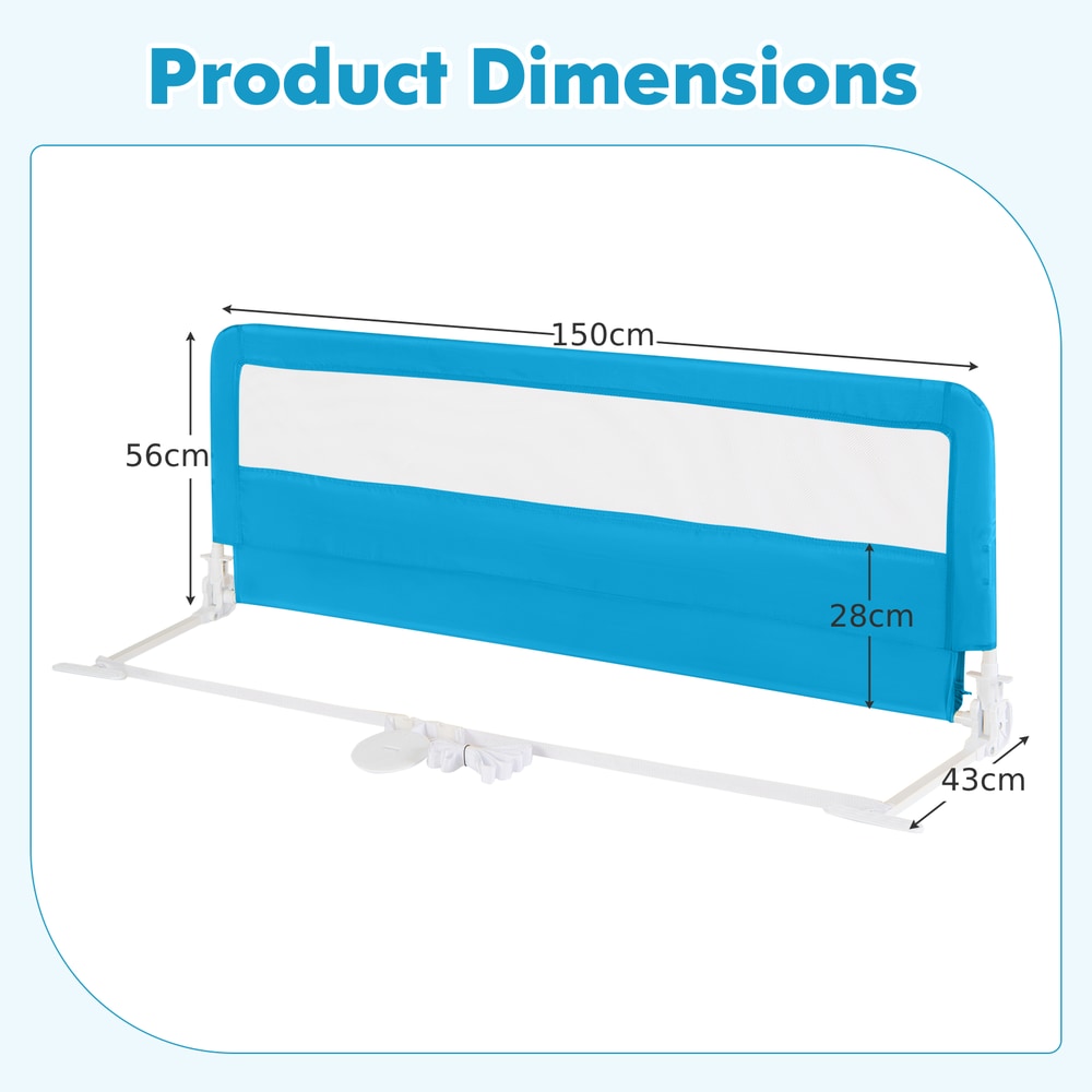 Product dimensions diagram showing the blue bed rail guard with measurements