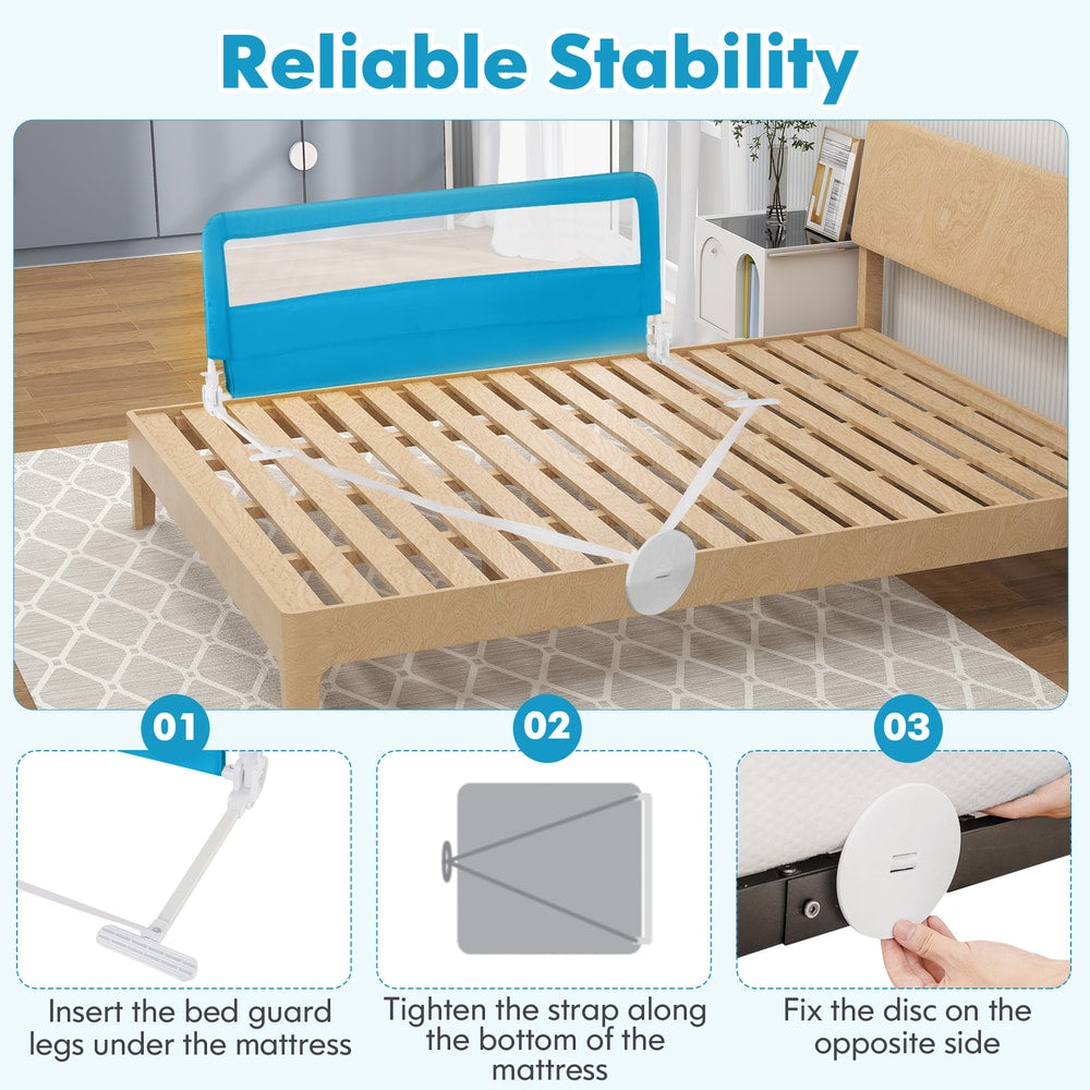Diagram showing how to install the blue bed rail guard with safety strap