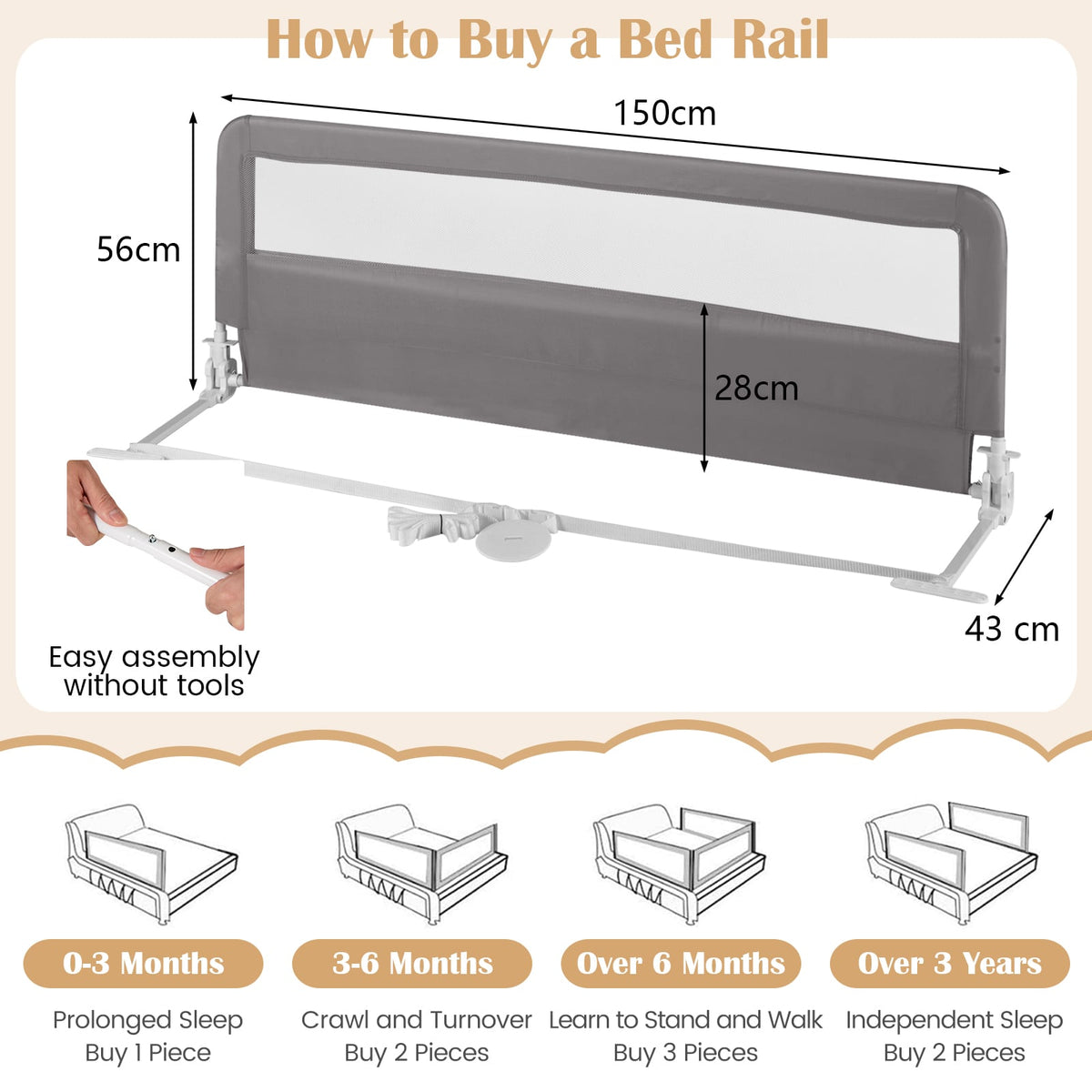 150CM Foldable Baby Bed Rail Guard in Grey, image 5