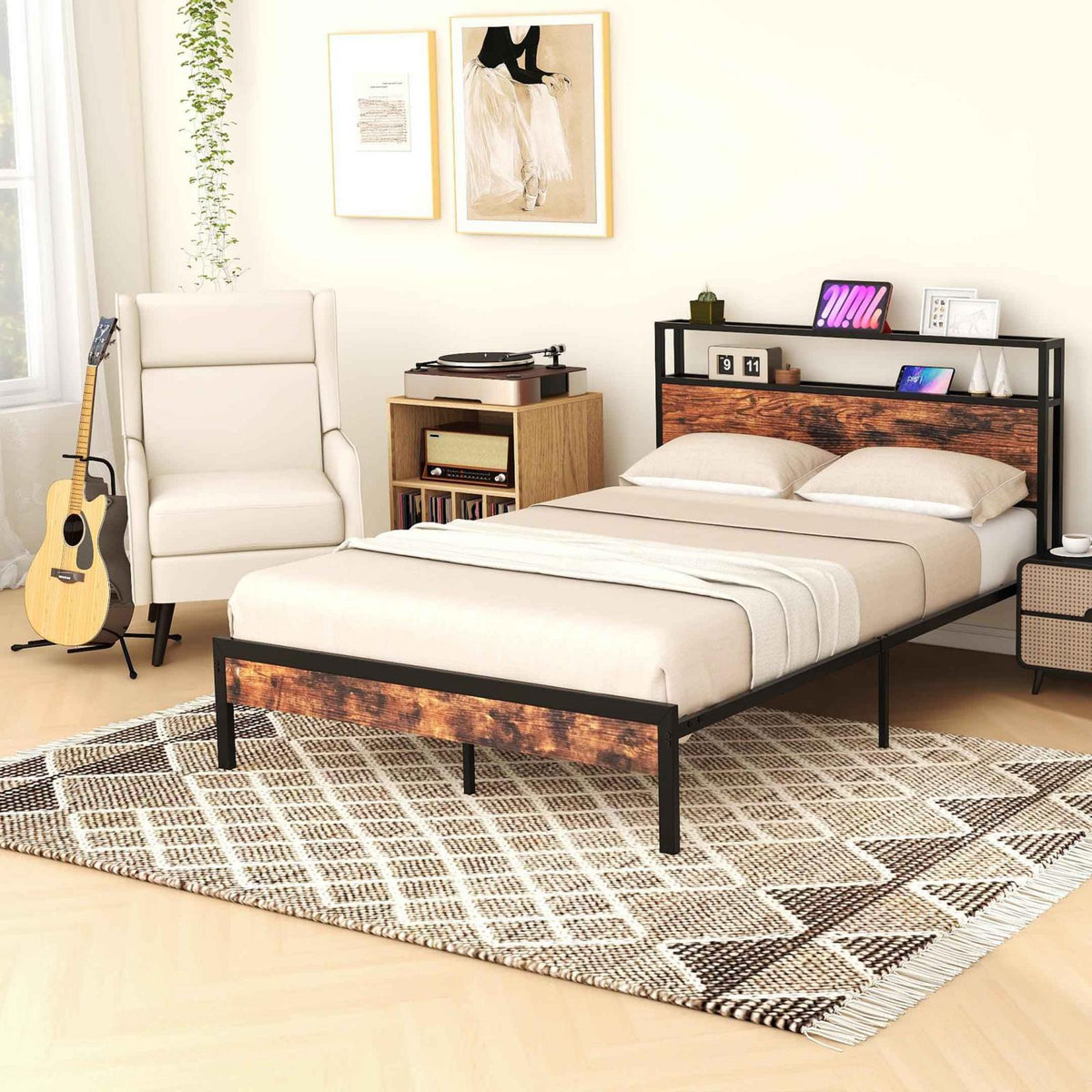 Bedroom Lounge Set with Velvet Accent Chair and Record Player Stand