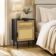 Bedside Table with Rattan-decorated Storage Drawer and Door Metal Legs-Black