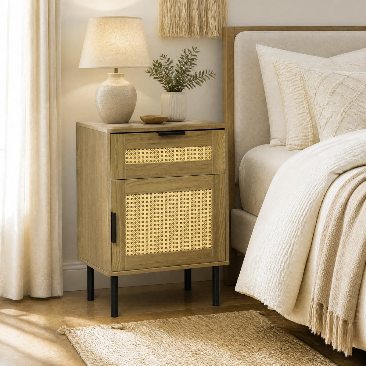 Bedside Table with Rattan-decorated Storage Drawer and Door Metal Legs-Natural