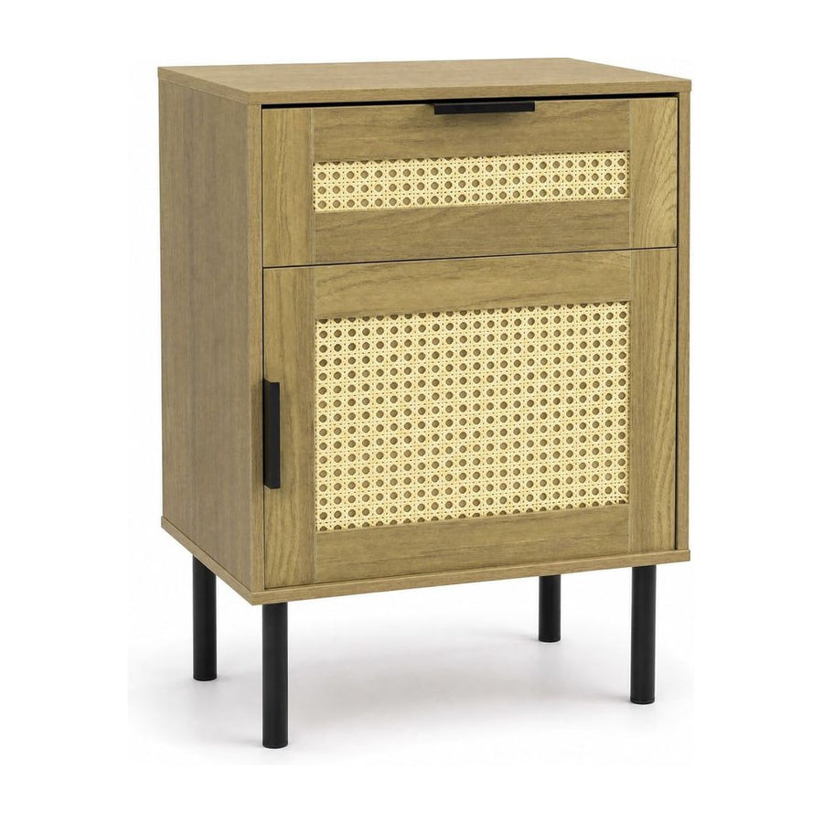 Bedside Table with Rattan-decorated Storage Drawer and Door Metal Legs-Natural