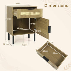 Bedside Table with Rattan-decorated Storage Drawer and Door Metal Legs-Natural