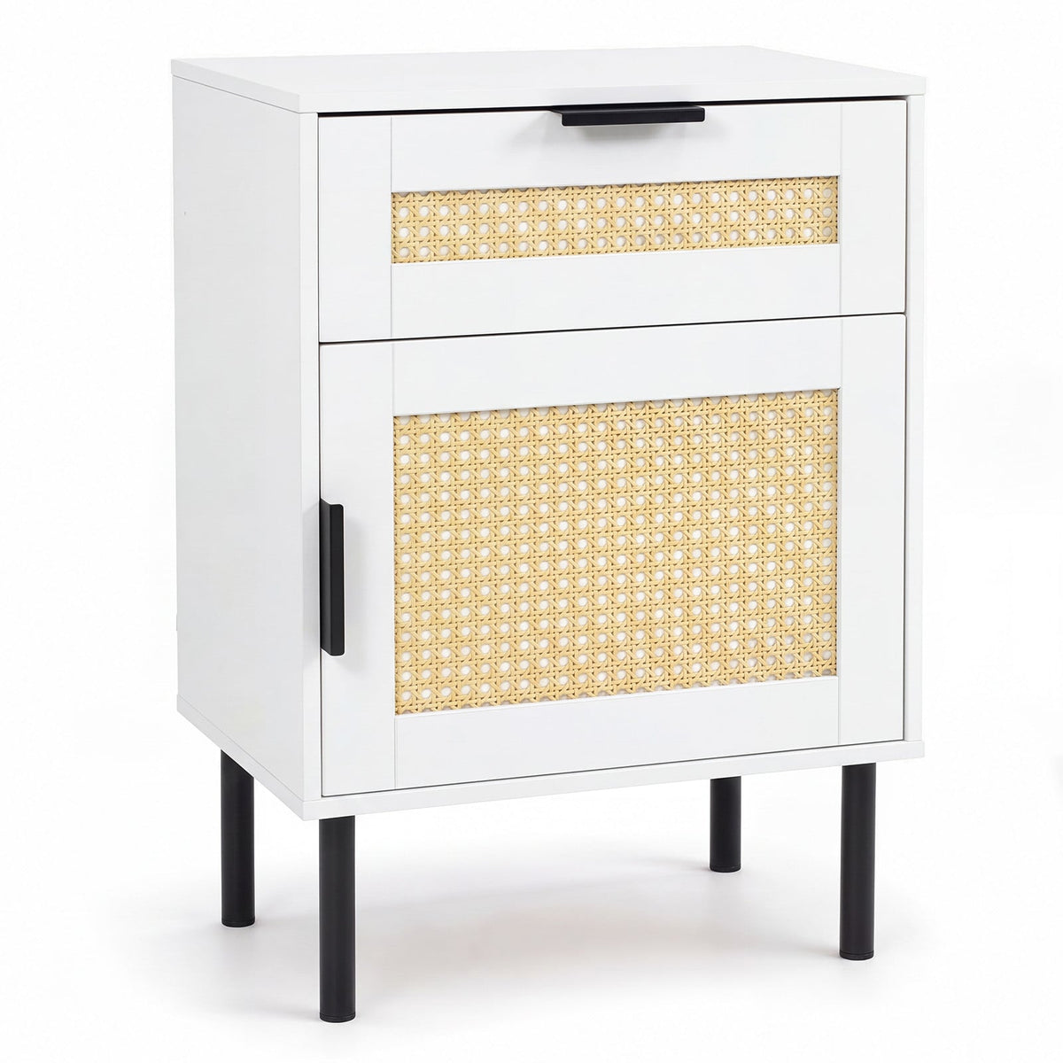 Bedside Table with Rattan-decorated Storage Drawer and Door Metal Legs-White