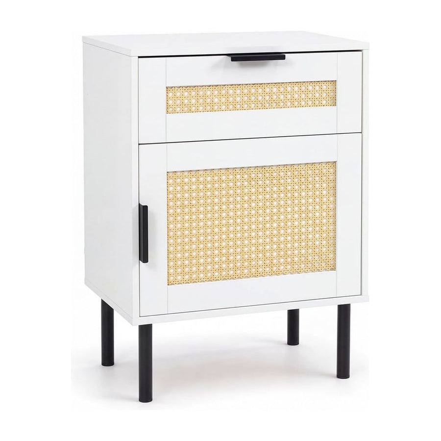 Bedside Table with Rattan-decorated Storage Drawer and Door Metal Legs-White