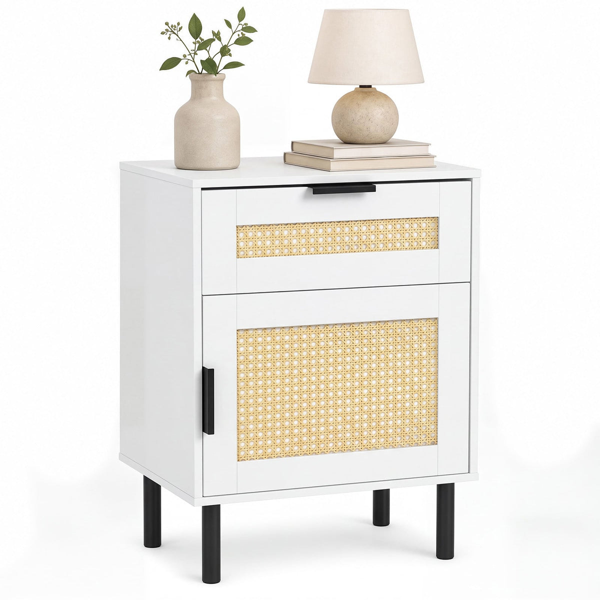 Bedside Table with Rattan-decorated Storage Drawer and Door Metal Legs-White