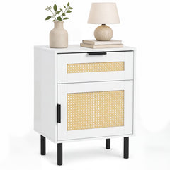 Bedside Table with Rattan-decorated Storage Drawer and Door Metal Legs-White