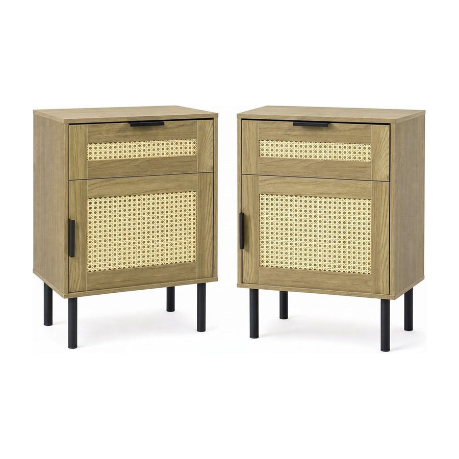 Set of 2 Bedside Table with Rattan-decorated Storage Drawer and Door Metal Legs-Natural