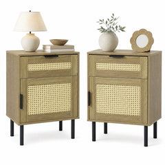 Set of 2 Bedside Table with Rattan-decorated Storage Drawer and Door Metal Legs-Natural