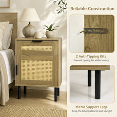 Set of 2 Bedside Table with Rattan-decorated Storage Drawer and Door Metal Legs-Natural