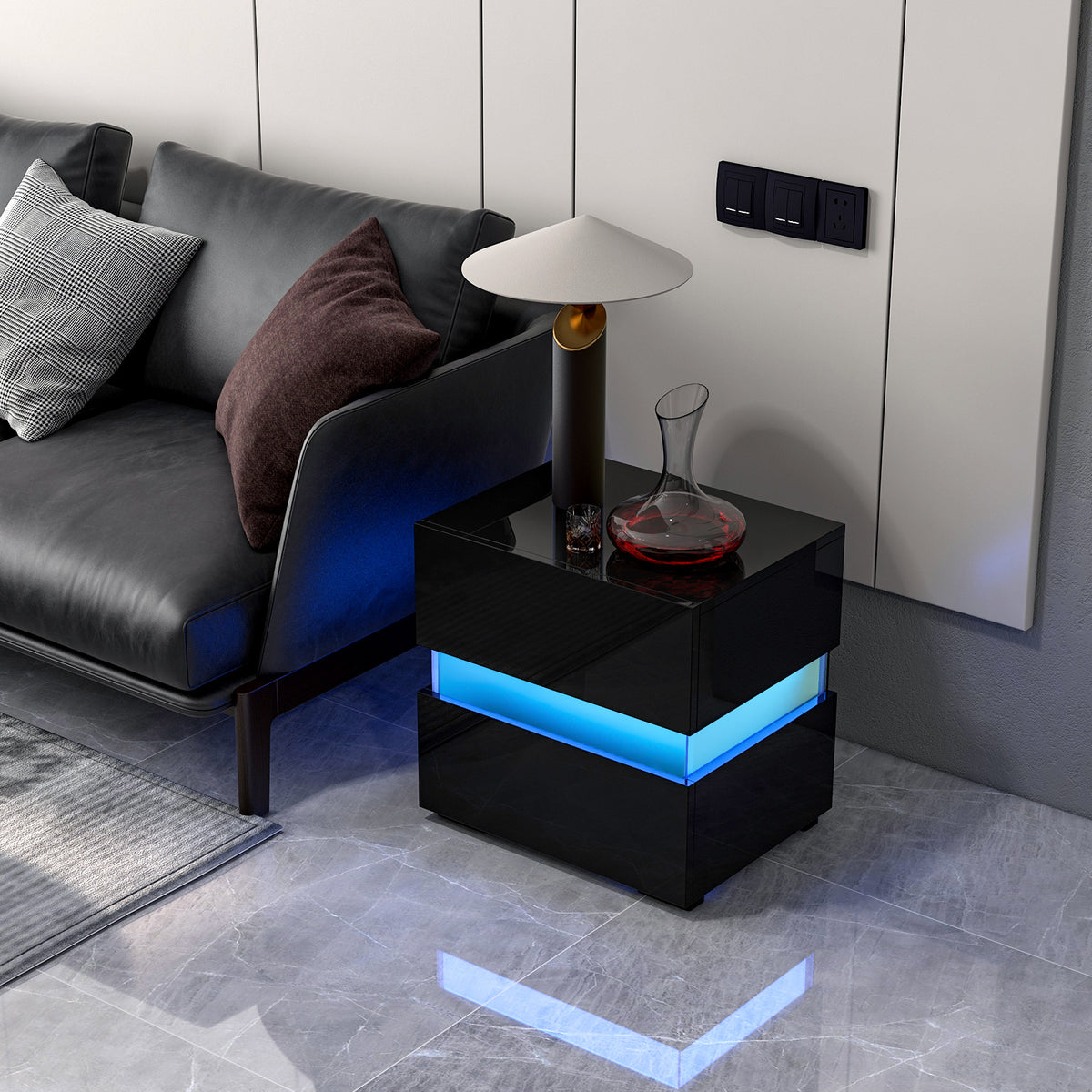 Bedside Table LED Nightstand with 2 Drawers-Black