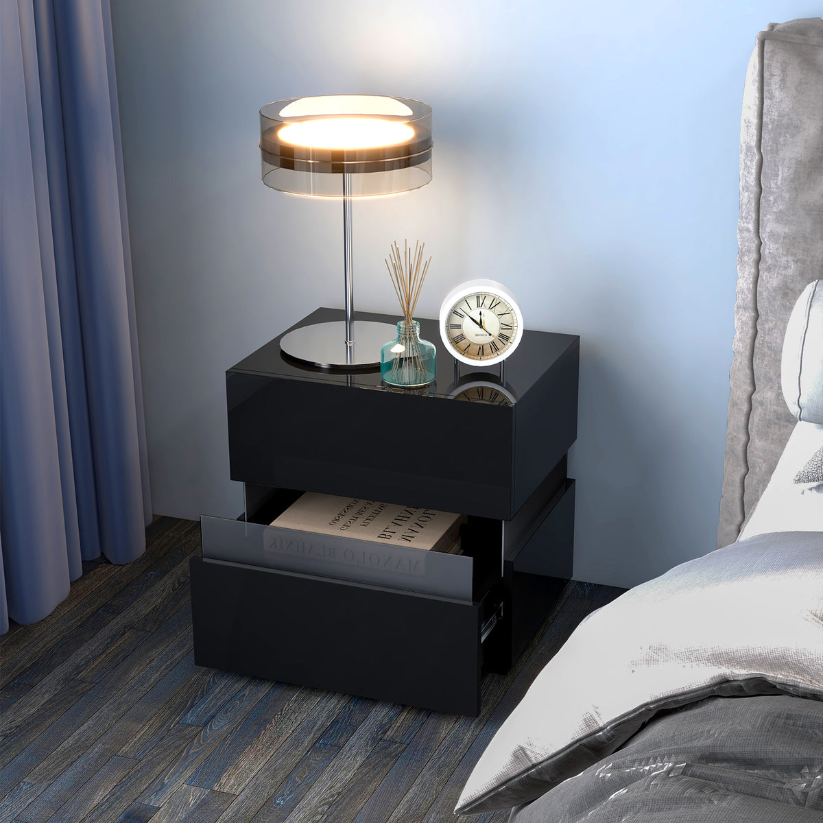 Bedside Table LED Nightstand with 2 Drawers-Black