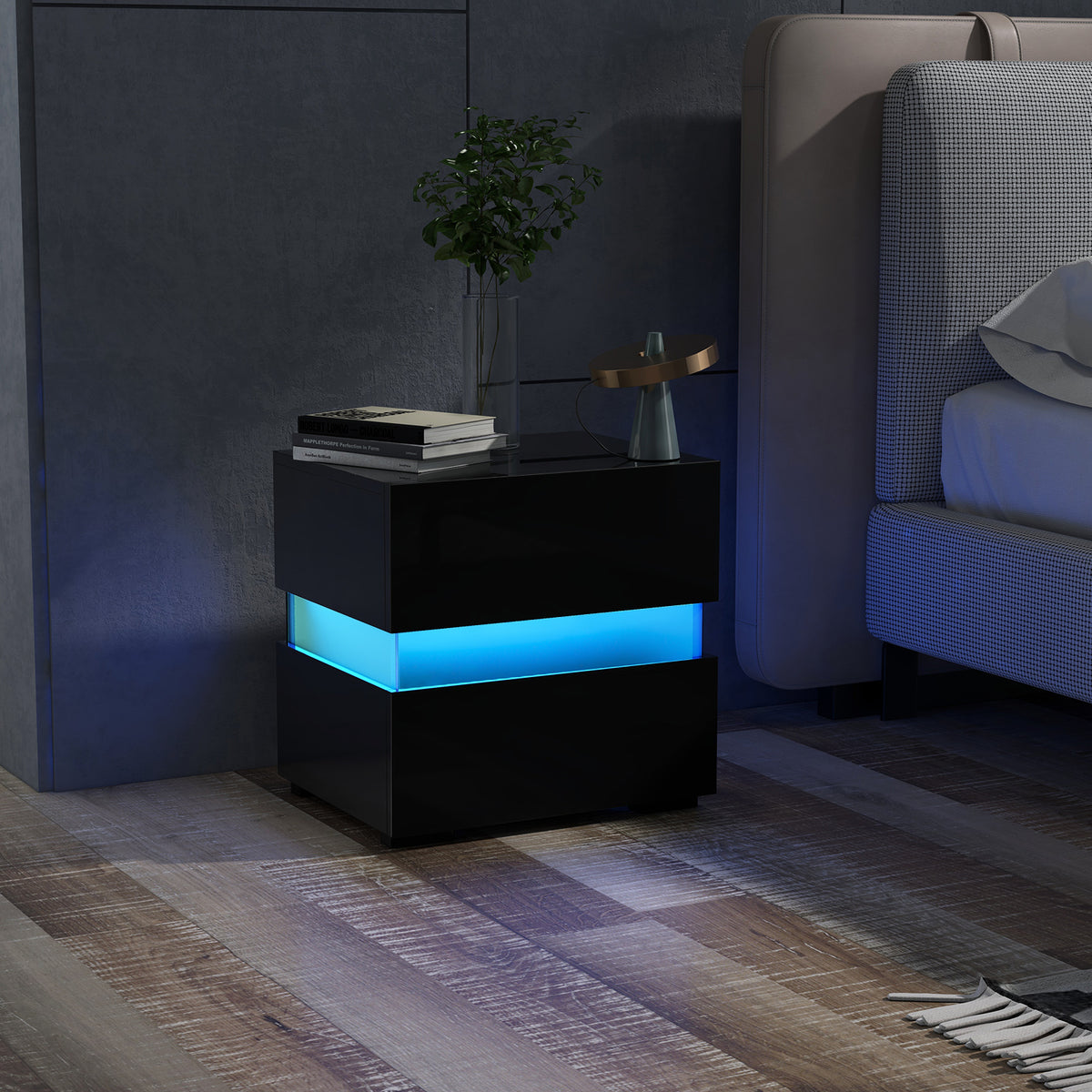 Bedside Table LED Nightstand with 2 Drawers-Black