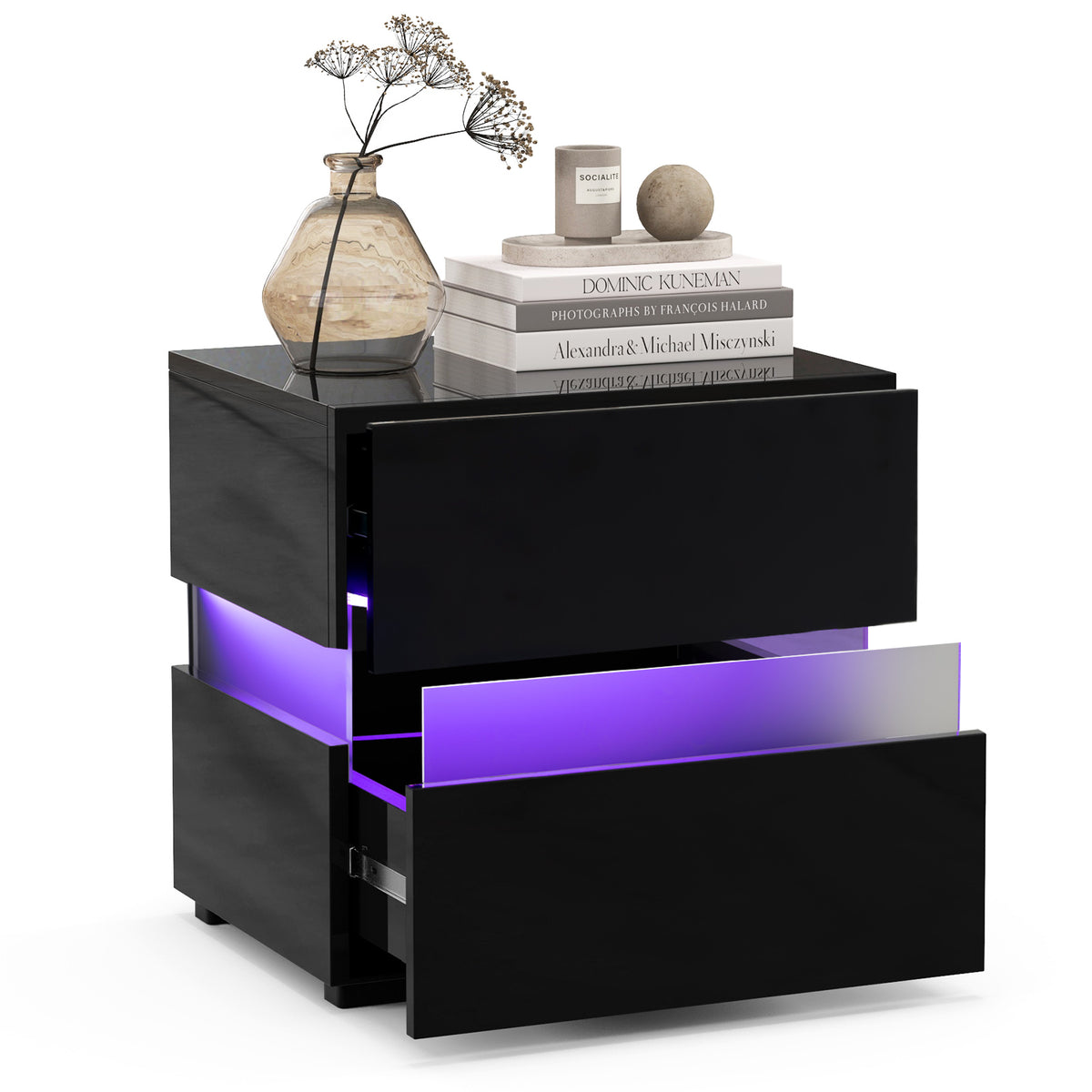 Bedside Table LED Nightstand with 2 Drawers-Black