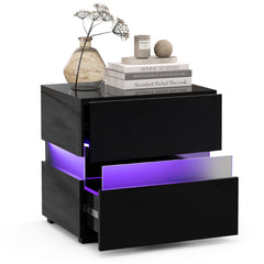 Bedside Table LED Nightstand with 2 Drawers-Black