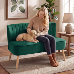 HOMCOM 117cm Loveseat Sofa Upholstered Small 2 Seater Sofa with Thick Padded Seat and Rubber Wood Legs, Dark Green