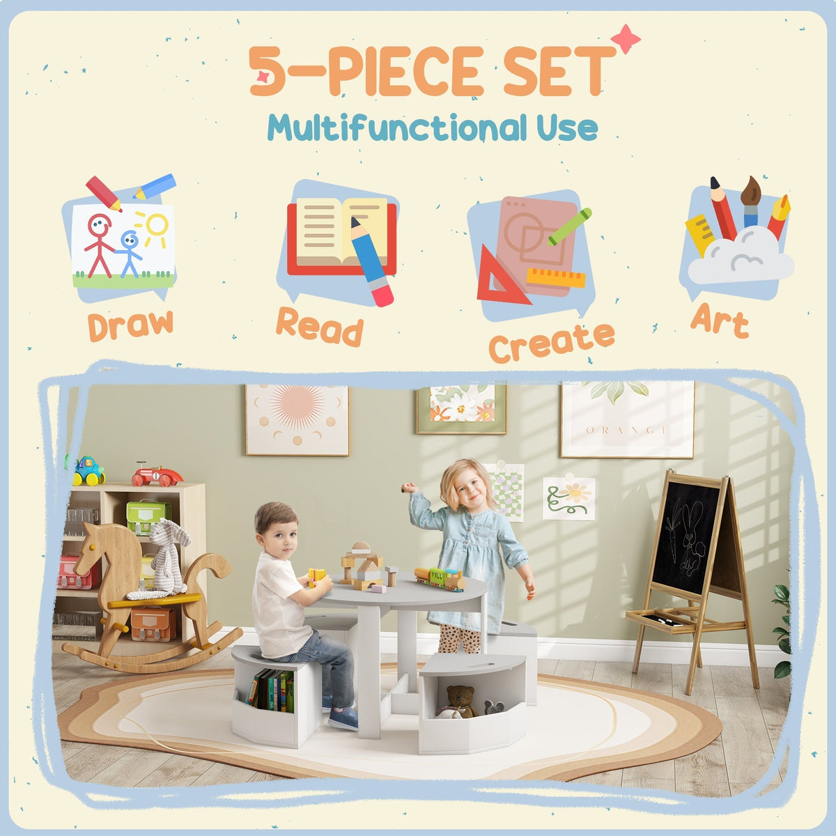 AIYAPLAY Five-Piece Kids Table and Chairs Set with Storage, for Ages 3-8 Years, Grey