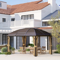 Outsunny 3 x 4m Hardtop Gazebo Canopy with Metal Roof, Aluminium Gazebo Permanent Pavilion with Netting and Curtains, Brown