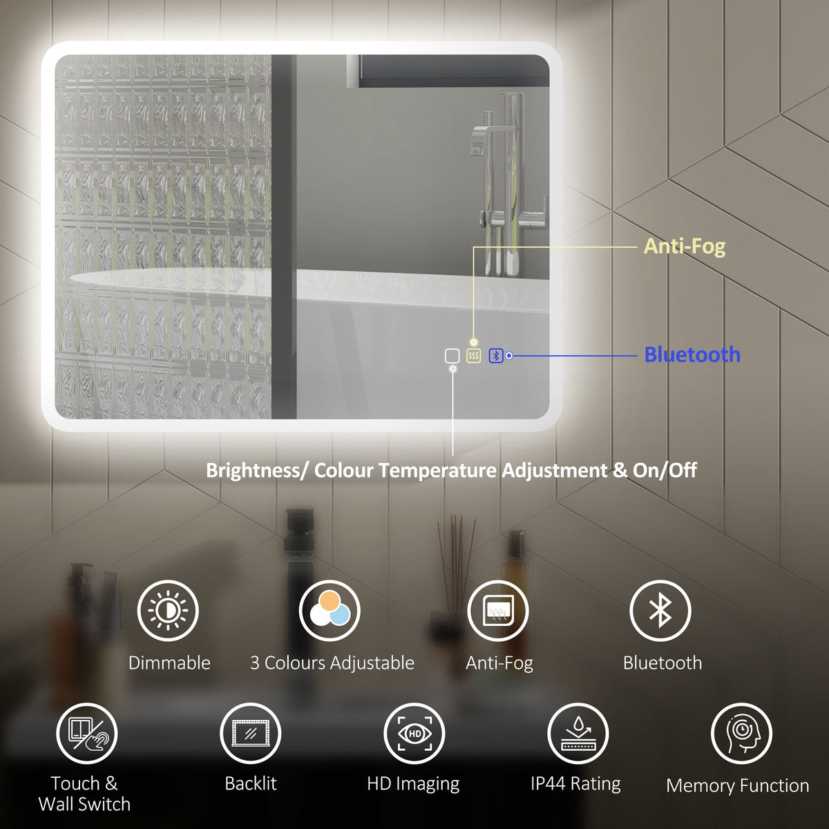 HOMCOM 80 x 60cm LED Bathroom Mirror, with Bluetooth - Silver Tone