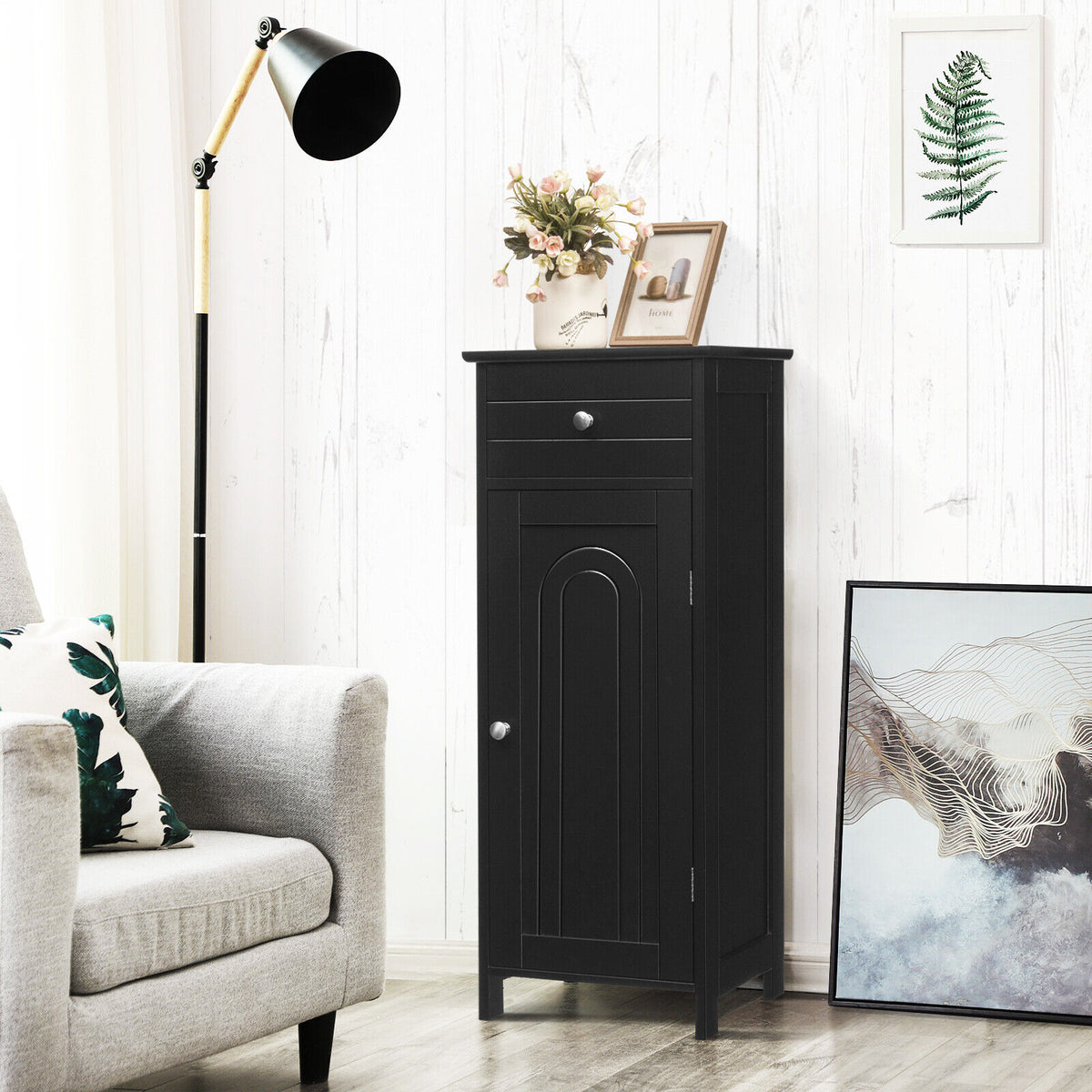 1-Door Freestanding Bathroom Storage Cabinet with Drawer and Adjustable Shelves-Black