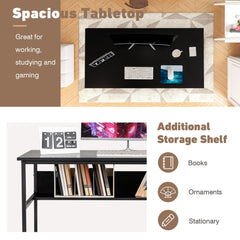 The office desk showing the top surface and the storage shelf holding books