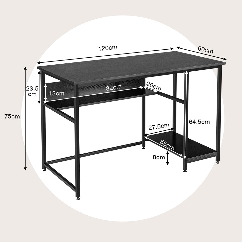 The office desk with arrows and labels indicating the dimensions of the furniture