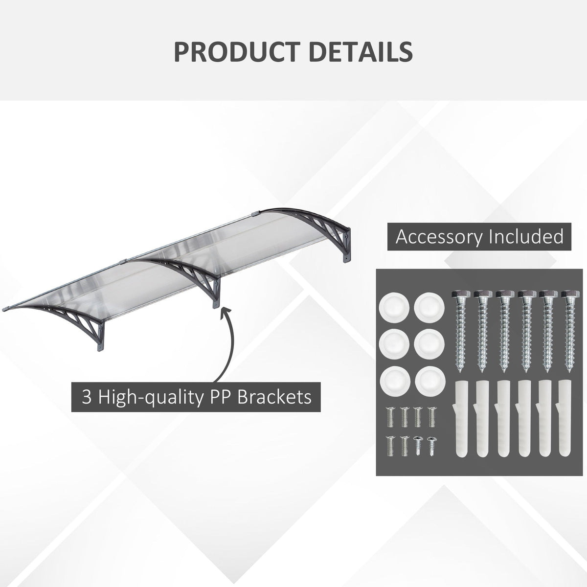 Outsunny Front Door Canopy Outdoor Awning Aluminium Rigid Plastic Polycarbonate Rain Shelter UV Water Rain Resistant 196 x 75cm Clear