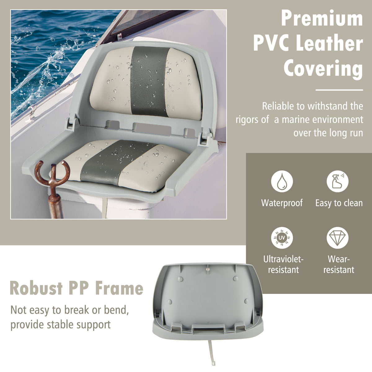 Folding Low Back Boat Seat with Mounting Hardware for Fishing-Grey