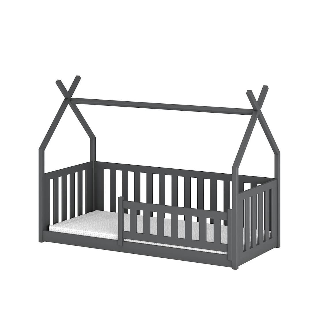 Dark grey kids single bed with a house frame and guard rail