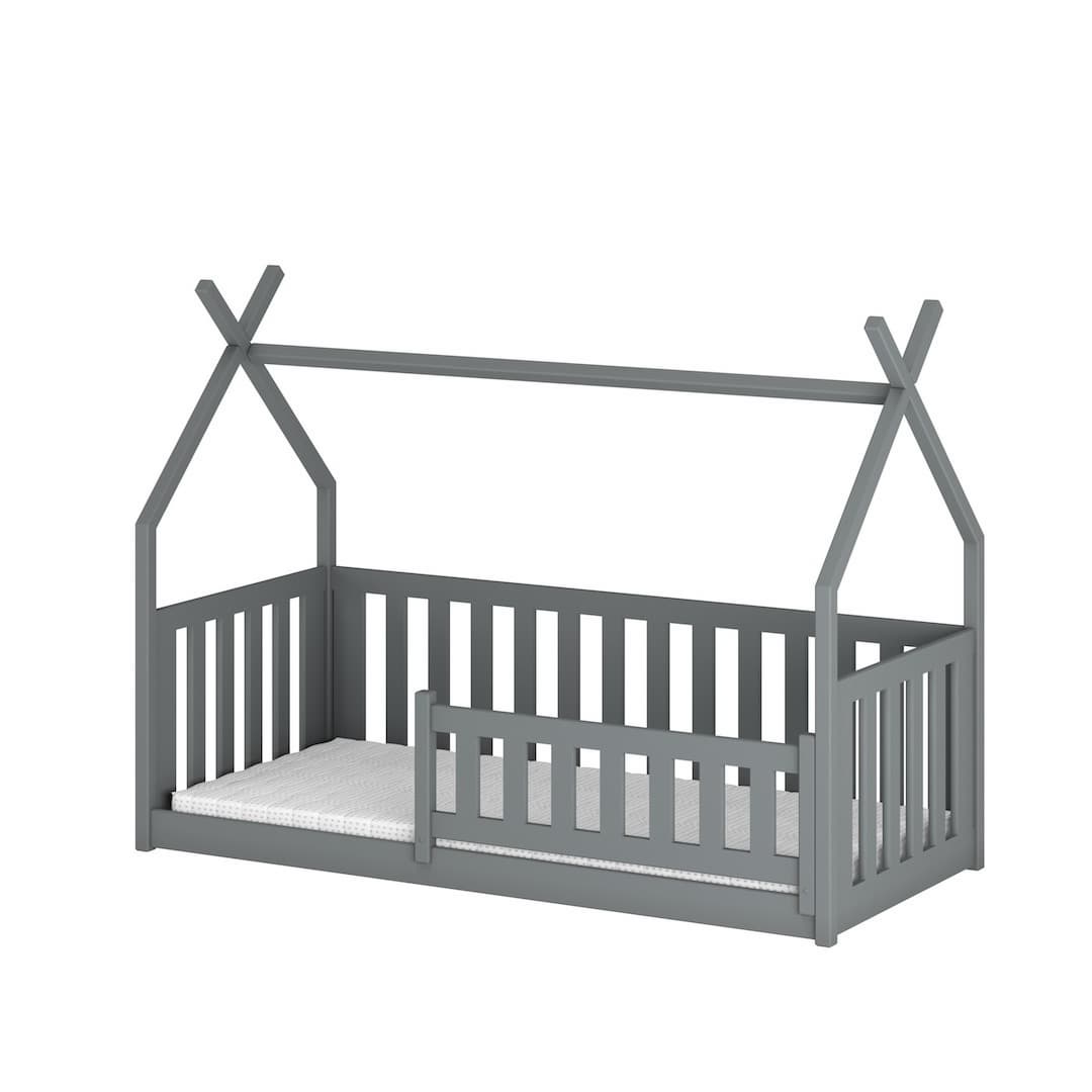 Light blue kids single bed with a house frame and guard rail