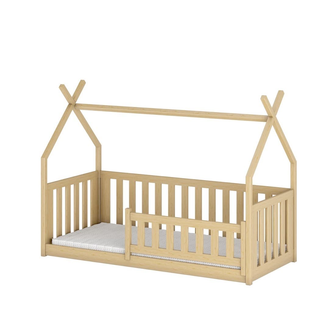 Wooden kids single bed with a house frame and guard rail