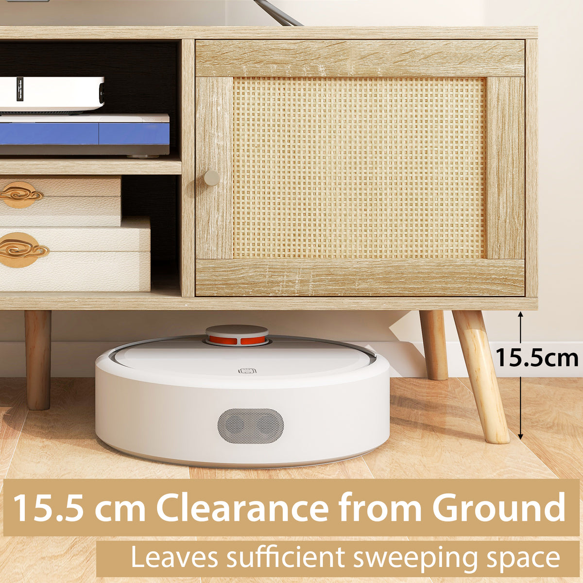 Boho PE Rattan TV Stand with 2 Cabinets and Open Shelves