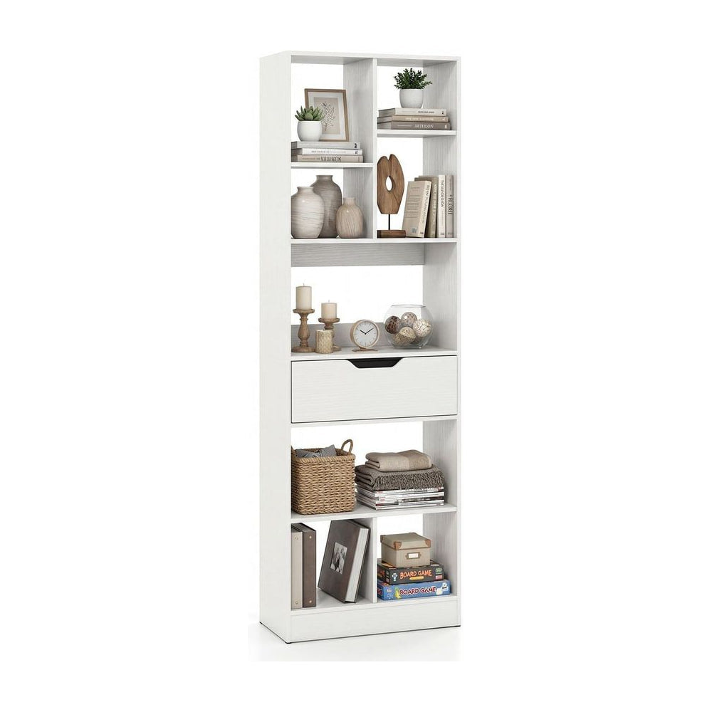 Bookcase with Drawer & 8 Open Cubes, a tall white unit with a single drawer and eight open shelves