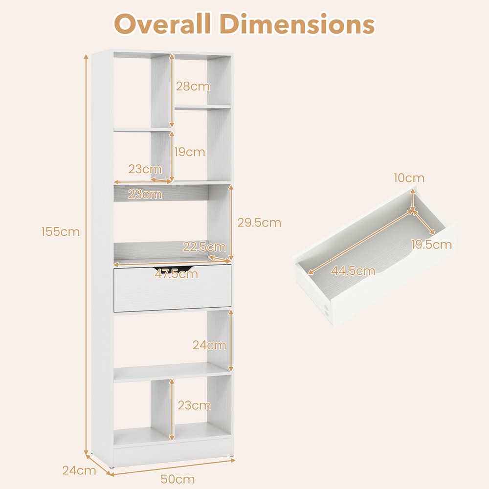 White bookcase with drawer and eight open cubes, showing overall dimensions and drawer internal dimensions