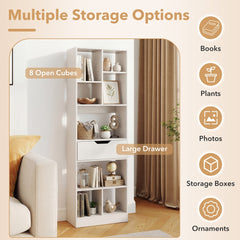 White bookcase with drawer and eight open cubes, highlighting multiple storage options with icons for books, plants, photos