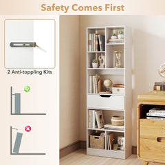 The white bookcase with drawer and eight open cubes, showing two anti-toppling kits included for safety