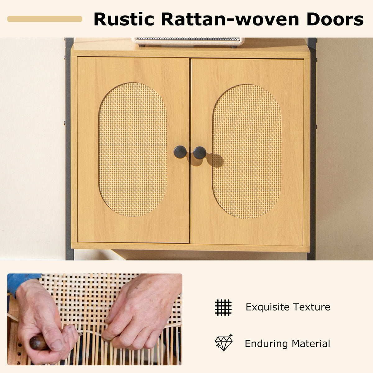 Bookcase with Rattan Cabinet and Adjustable Shelf-Natural
