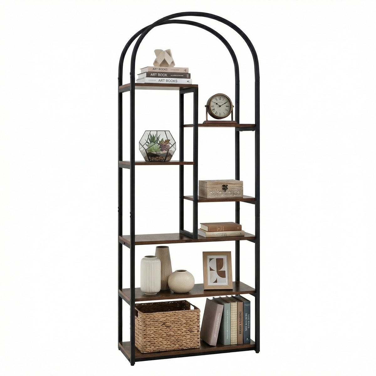 Bookshelf Industrial Arched Bookcase with 7 Open Shelves-Rustic Brown