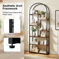 Bookshelf Industrial Arched Bookcase with 7 Open Shelves-Rustic Brown