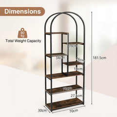 Bookshelf Industrial Arched Bookcase with 7 Open Shelves-Rustic Brown