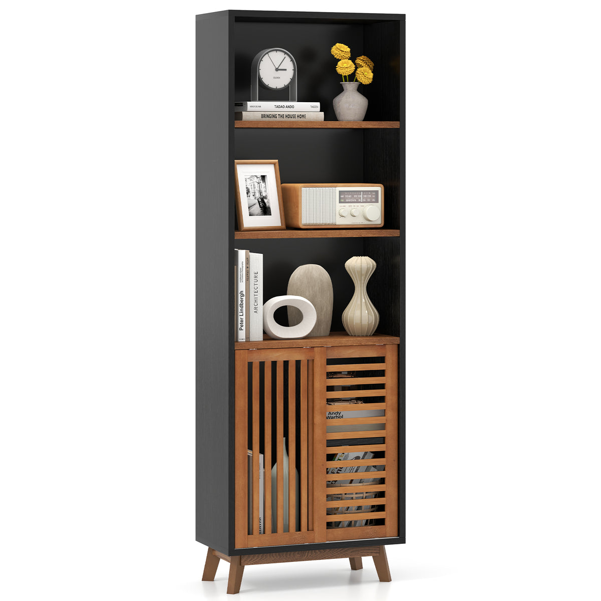 A black five-tier bookcase with a wooden slatted door is shown with books and decor