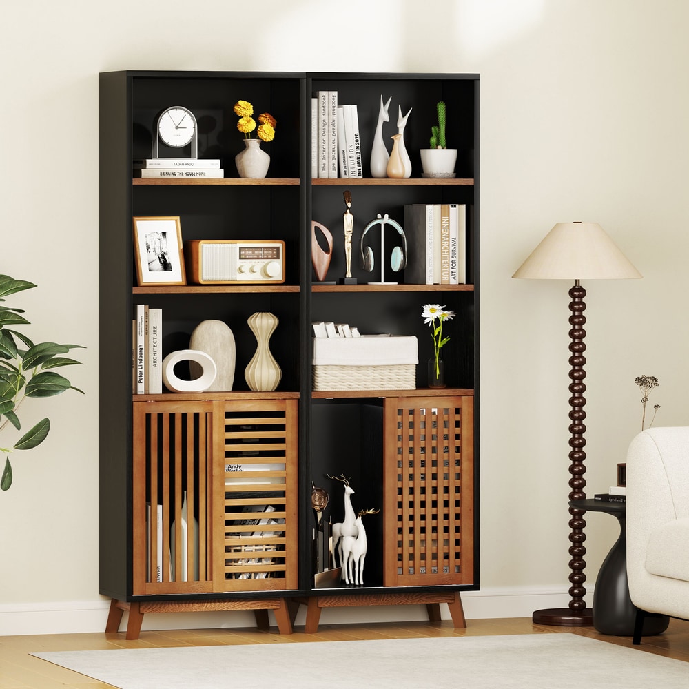 Two black five-tier bookcases with wooden slatted doors are placed side by side