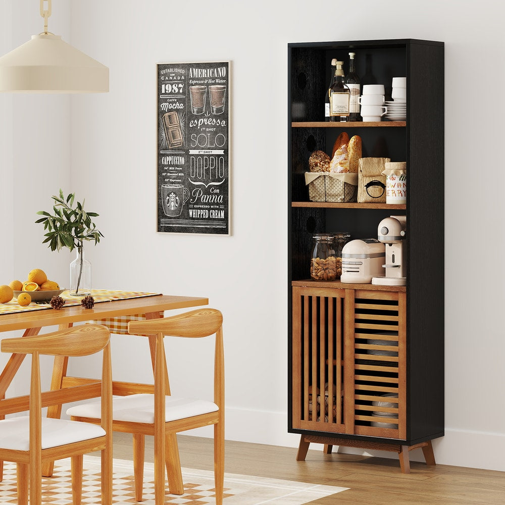 The black five-tier bookcase with a wooden slatted door is used in a dining room