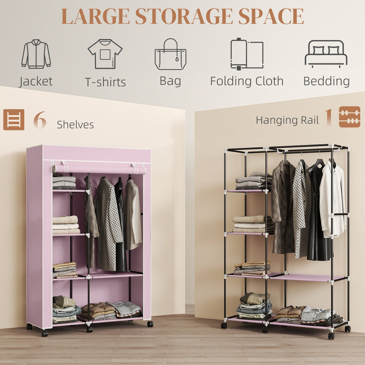 HOMCOM Fabric Wardrobe w/ Shelves Hanging Rail Foldable Wardrobe Pink