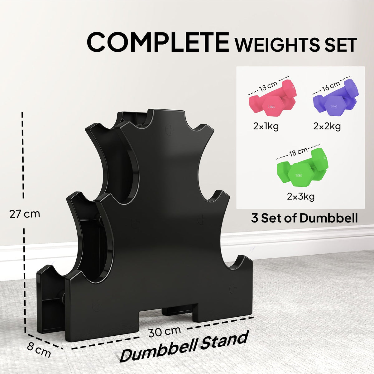 SPORTNOW Hex Dumbbells Set with Dumbbell Rack, Hand Weights for Strength Training Weight Lifting, 2 x 1kg, 2 x 2kg, 2 x 3kg