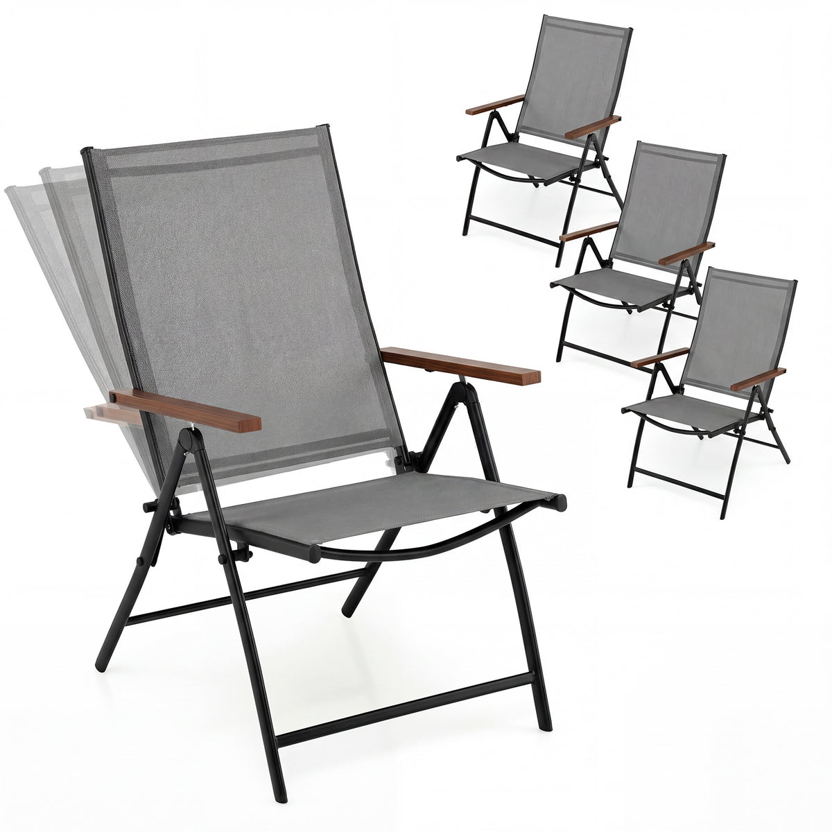 Breathable Fabric Folding Patio Chairs Set of 4-Grey