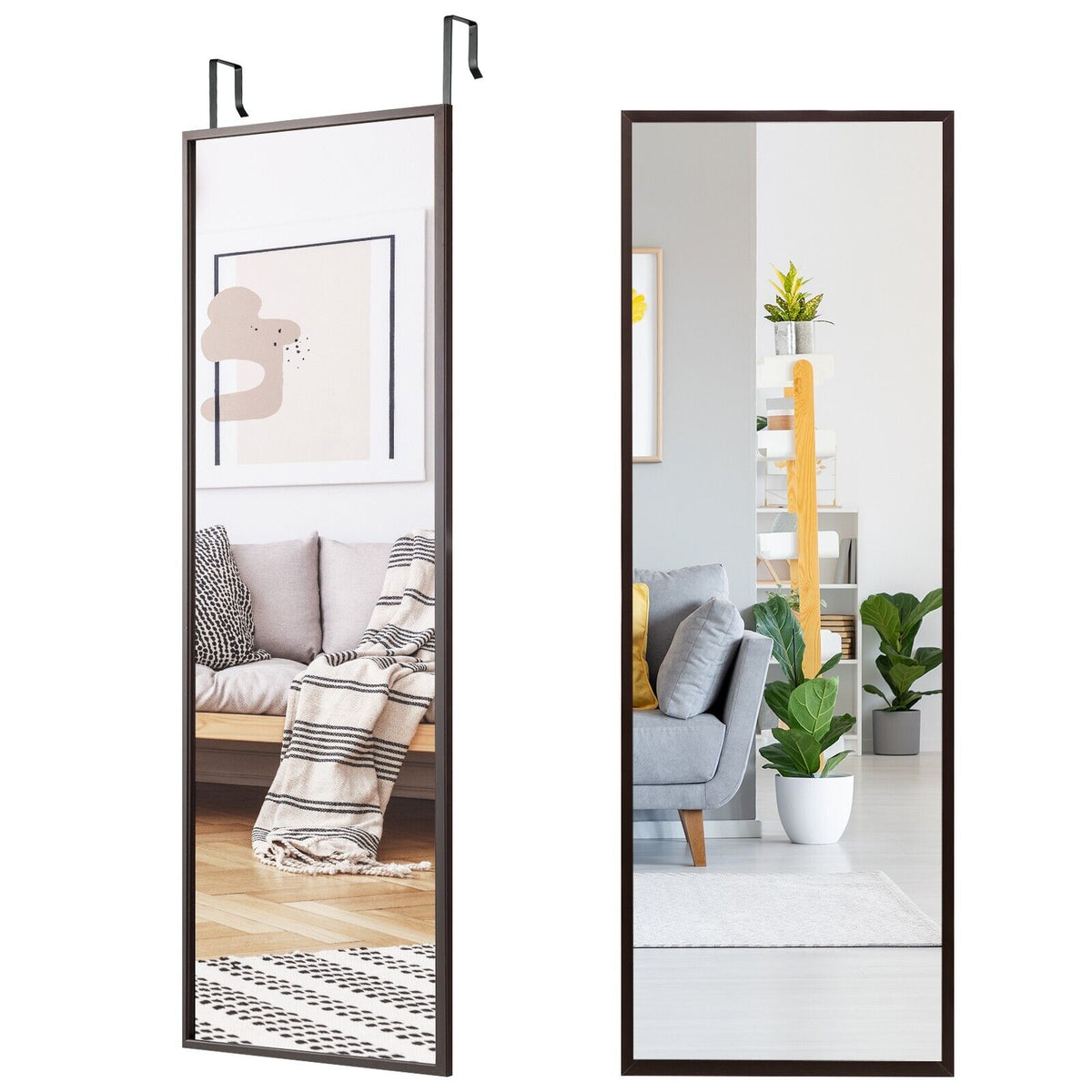 Full Length Wall-Mounted Mirror with Height Adjusting Hooks-Brown