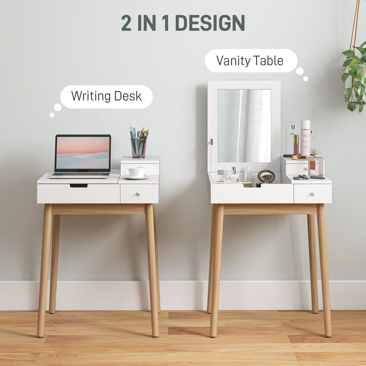 HOMCOM Dressing Table with Flip-up Mirror, Makeup Desk with 2 Drawers, Vanity Table Writing Desk for Bedroom Living Room, White