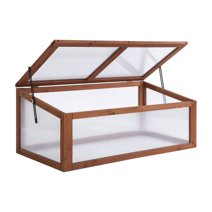 Outsunny Wooden Cold Frame, Small Polycarbonate Greenhouse for Plants with Openable & Tilted Top Cover, Brown, 100 x 65 x